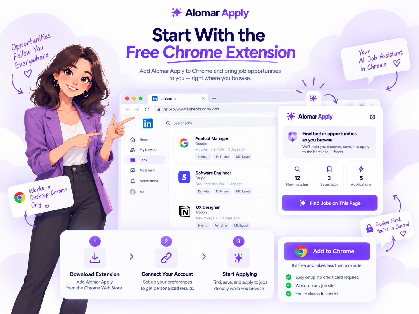Alomar Apply Chrome extension helping apply to jobs on LinkedIn and Indeed