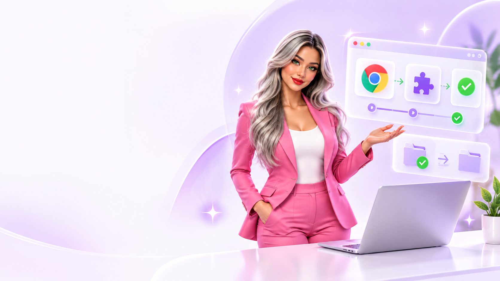 Lola beside a clean Chrome extension setup scene with visual check marks