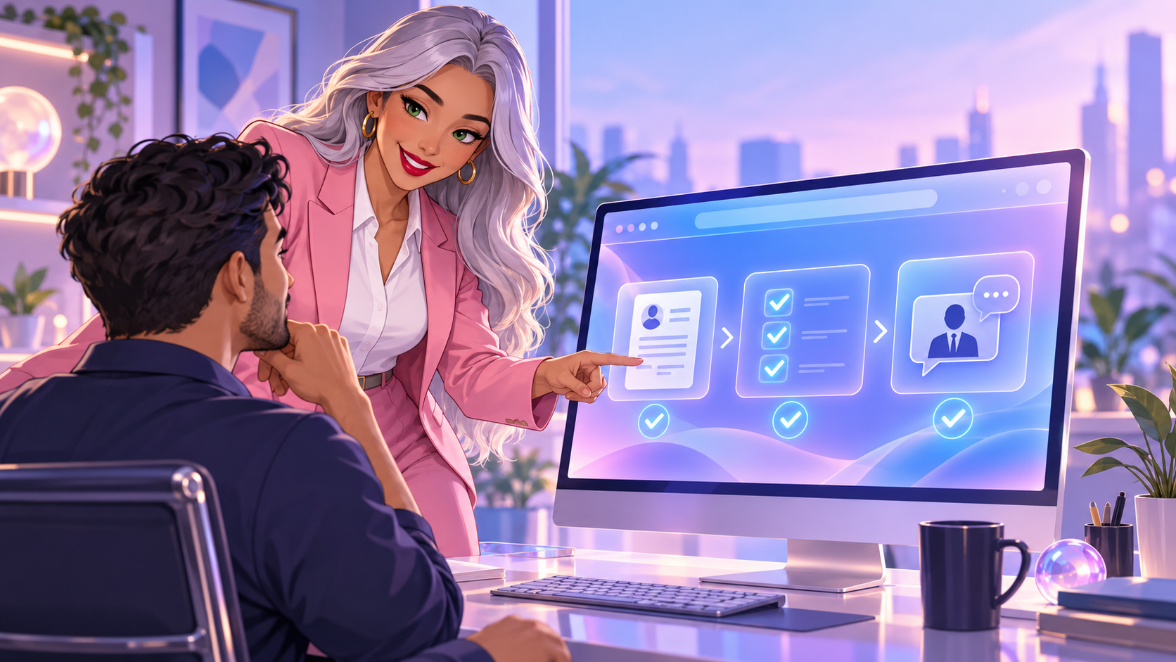 Lola guiding a job seeker through an illustrated application process